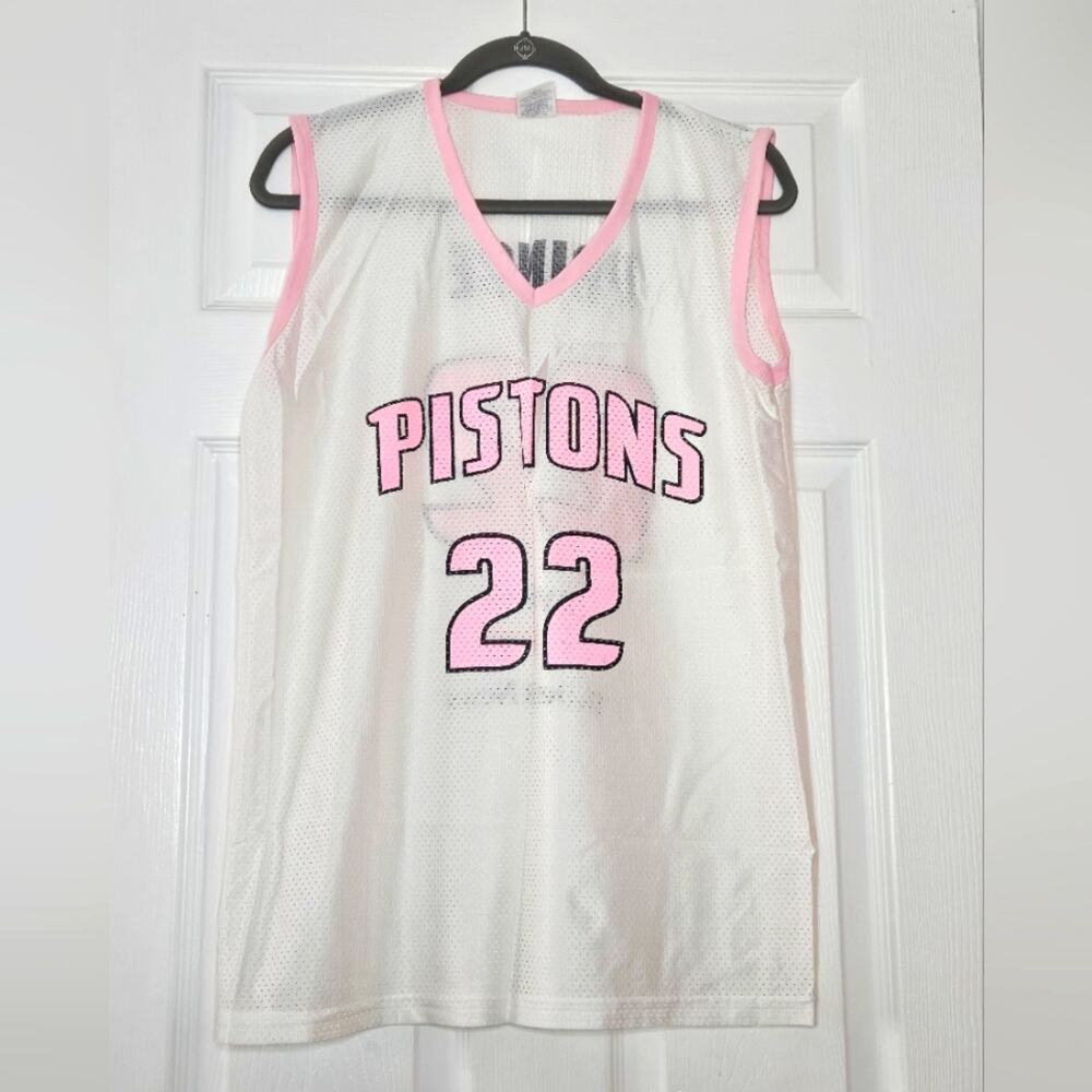 Detroit Pistons Park Antony Mesh Top Women Large 22‎ PRINCE Tank White Pink LOGO